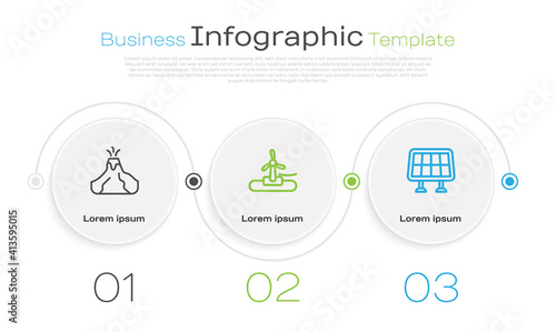 Set line Volcano eruption with lava, Wind turbine and Solar energy panel. Business infographic template. Vector.