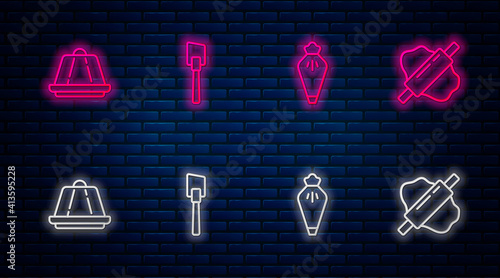 Set line Spatula, Pastry bag, Pudding custard and Rolling pin on dough. Glowing neon icon on brick wall. Vector.