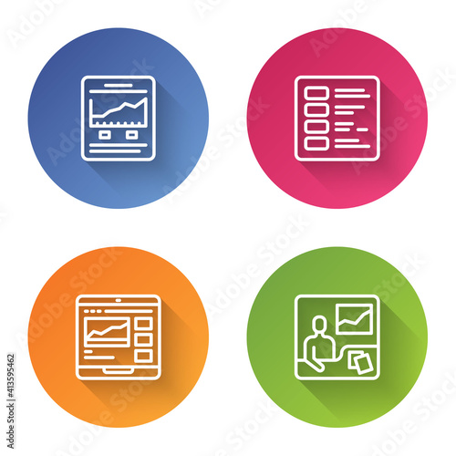 Set line Website with growth graph, Business finance report, Trading courses and . Color circle button. Vector.