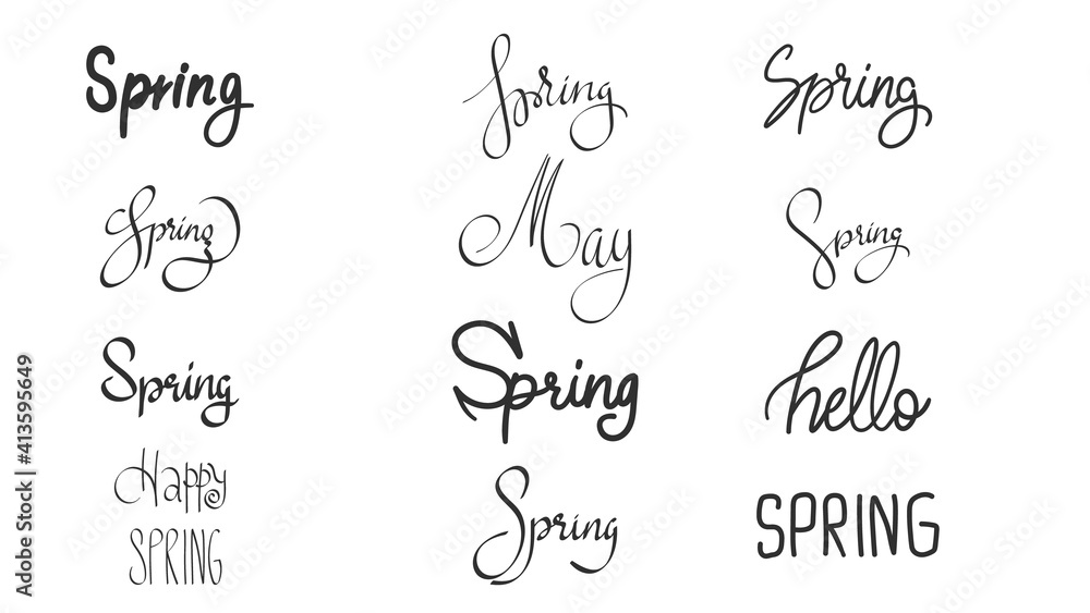 Spring hand draw calligraphy set isolated on white background ,Vector Illustration EPS 10