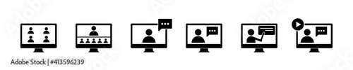 Online training vector icon. on-line school. video conference. internet webinar. Video call study. Computer based distance education. laptop class media course. isolated white background.