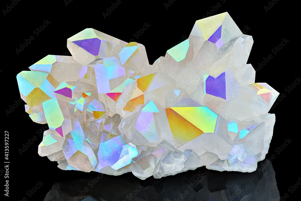 Amazing colorful Quartz Rainbow Flame Angel Aura Crystal cluster closeup  macro isolated on black background Stock Photo | Adobe Stock