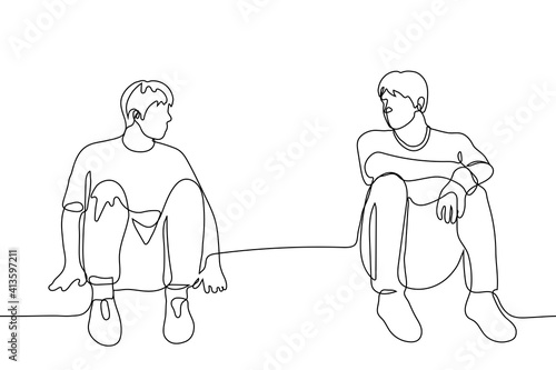 two men are sitting on the roofs keeping their distance and looking at each other. one line drawing two friends communicate at a distance