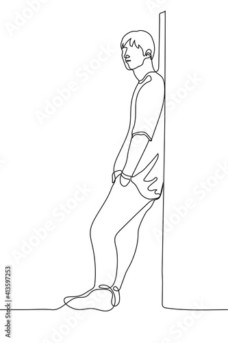 short-haired man in a T-shirt and pants stands with his back against the wall. one line drawing of a young man leaning on a wall, guy looks away lazily