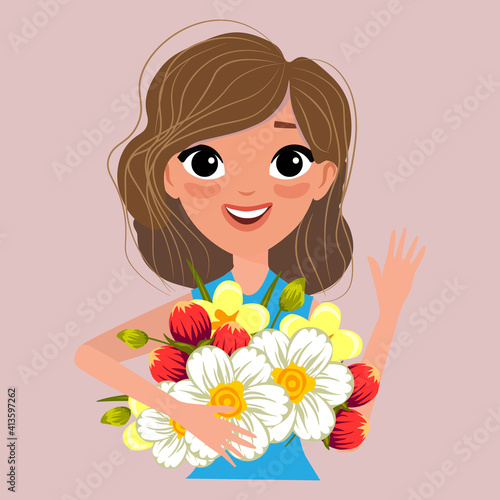 Beautiful cute girl with a bouquet of flowers, an illustration for postcards, banners, greetings. Vector illustration in the flat style