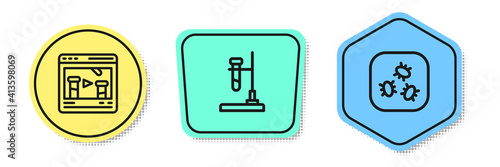 Set line Chemical online, Test tube flask fire and Bacteria. Colored shapes. Vector.