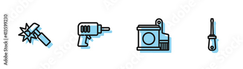Set line Paint bucket and brush, Hammer, Electric drill machine and Screwdriver icon. Vector.