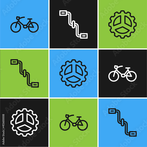 Set line Bicycle, sprocket crank and pedals icon. Vector.