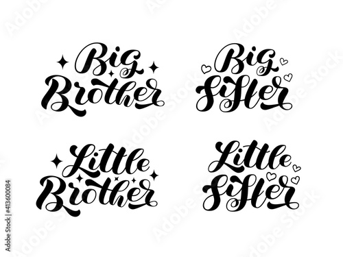 Set Big Brother, Big Sister, Little Brother, Little Sister brush  lettering. Words for banner or poster. Vector stock illustration