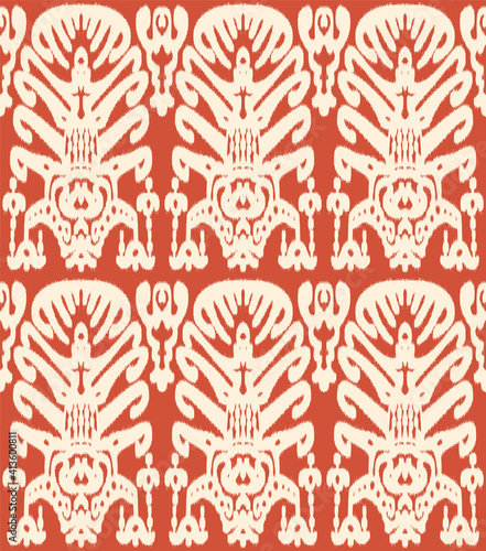 Seamless Uzbek or Indonestian Ikat vector fabric pattern, textile ornaments in ethnic Asian style, simple and colorful, orange and ivory tones, for custom design and print.