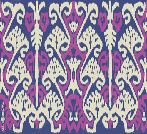 Seamless Uzbek or Indonestian Ikat vector fabric pattern, textile ornaments in ethnic Asian style, simple and colorful, cold tones, for custom design and print, lilac, blue and beige.