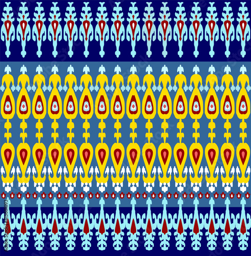 Seamless vector Indonesian or Uzber Ikat silk fabric textile print, exotic and boho ornaments for custom design