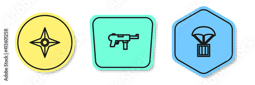 Set line Japanese ninja shuriken, Submachine gun M3 and Airdrop box. Colored shapes. Vector.