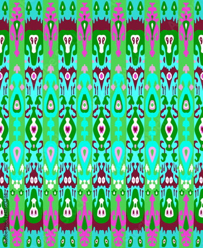 Seamless vector Indonesian or Uzber Ikat silk fabric textile print, contrast neon green exotic and boho ornaments for custom design