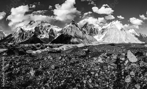 View from Concordia camp (4,600m) on the Baltoro glacier to Broad Peak, Gasherbrum range, Sharp Peak, in the Karakoram mountain range, Pakistan.  © Ralf