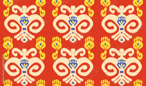 Seamless Uzbek or Indonestian Ikat vector fabric pattern, textile ornaments in ethnic Asian style, simple and colorful, for custom design and print.