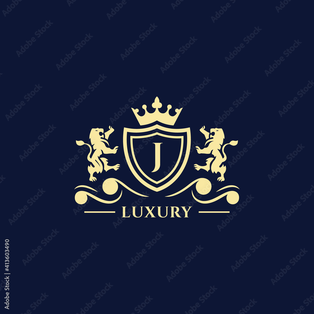 J Letter Gold luxury vintage monogram floral decorative logo with crown design template Premium Vector. Logotype for uses in different spheres. Fashion, royalty, boutique.