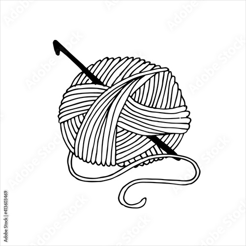 vector illustration in doodle style. cute ball of yarn and a crochet hook. black and white illustration, logo, icon. knitting, crocheting, hobbies