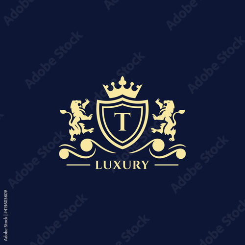 T Letter Gold luxury vintage monogram floral decorative logo with crown design template Premium Vector. Logotype for uses in different spheres. Fashion  royalty  boutique.