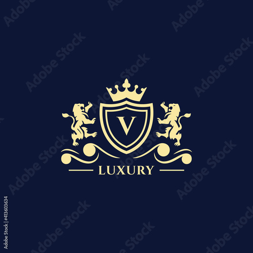 V Letter Gold luxury vintage monogram floral decorative logo with crown design template Premium Vector. Logotype for uses in different spheres. Fashion  royalty  boutique.