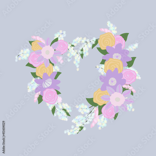 pink and purple clematis flowers  pink and yellow roses and inflorescences of white and pink small flowers with green leaves are laid out in a heart shape on a light purple background