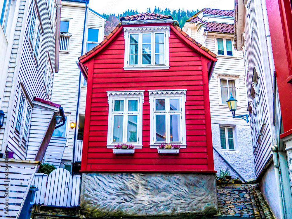 Norway, in Bergen, typical wooden houses in the old center. 