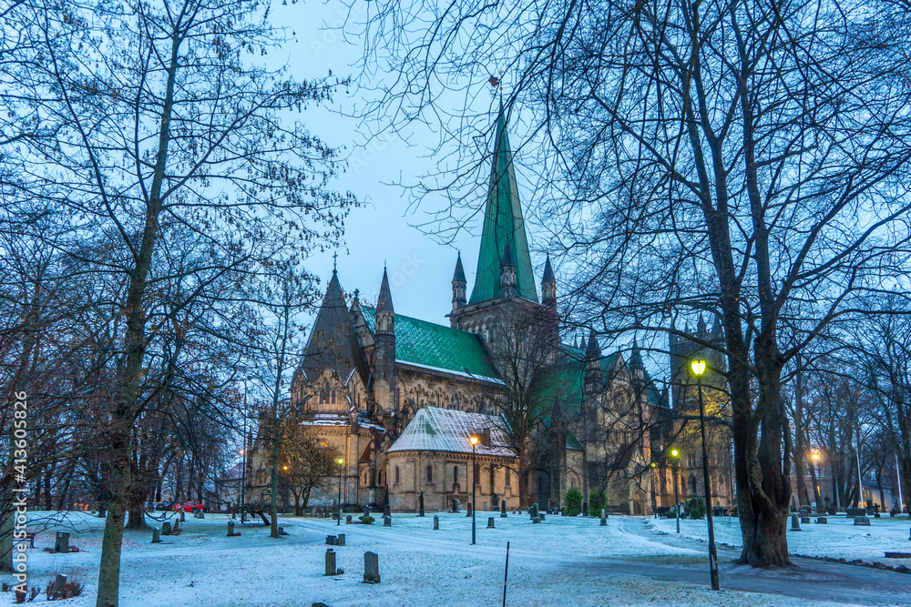 Nidaros Cathedral, Trondheim, Norway in December without daylight
