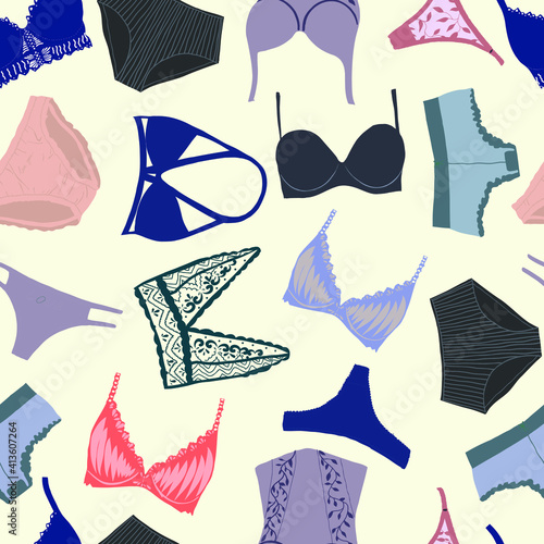 A variety of underwear and bras. Hand-drawn color vector seamless pattern. Gray background. For printing on textiles and paper.
