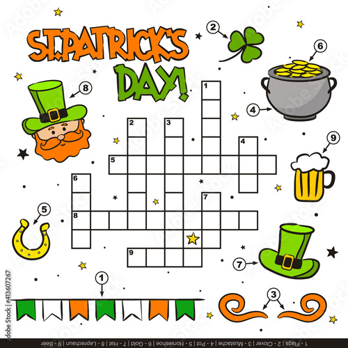 Saint Patrick's Day crossword for kids. Children's festive game with cartoon elements. Leprechaun, clover, gold, beer, horseshoe, pot. Vector illustration