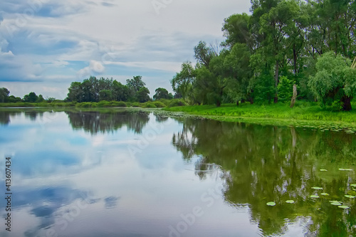 View of lake in Ladynka village in Chernihiv region in the summer, Ukraine