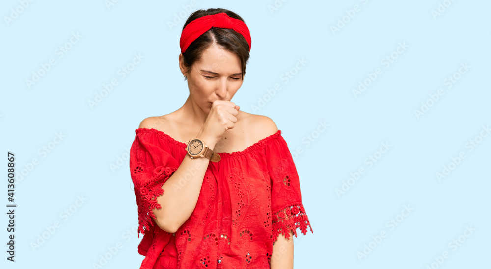 Young brunette woman with short hair wearing casual summer clothes and diadem feeling unwell and coughing as symptom for cold or bronchitis. health care concept. Young brunette woman with short hair wearing casual summer clothes and diadem feeling unwell and coughing as symptom for cold or bronchitis. health care concept.