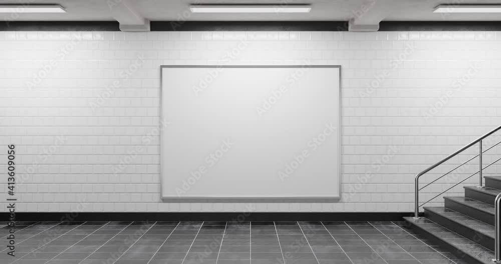 Mockup of a blank white advertising urban billboard indoors in subway hall; empty information banner placeholder template on the metro or railroad station Mockup of a blank white advertising urban billboard indoors in subway hall; empty information banner placeholder template on the metro or railroad station