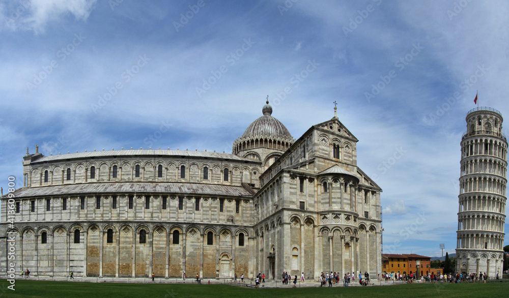 Panoramic view of the exteriors of the tower of Pisa