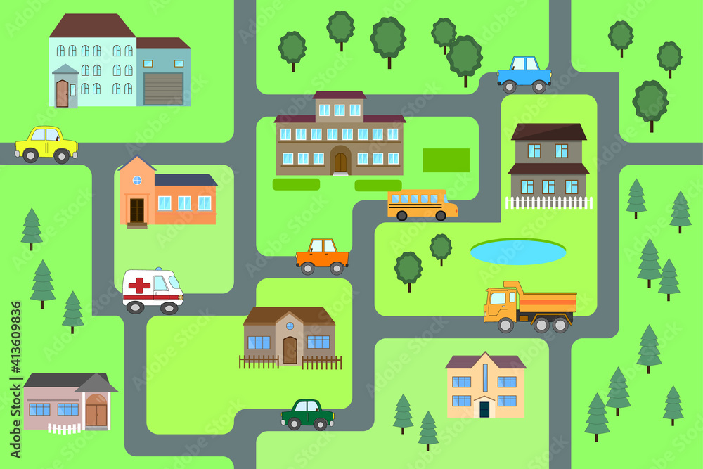 Cartoon map seamless pattern. roads, cars and houses . City map for children.