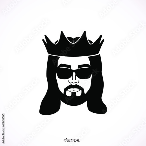 Bearded king wearing sunglasses, black flat style, icon vector, isolated on white background