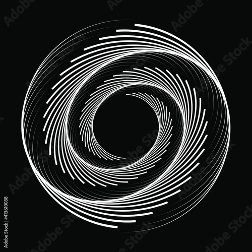Abstract white spiral shape. Vector illustration. Design element for technology round logo, striped border frame, blackout tattoo, prints, monochrome pattern and abstract background