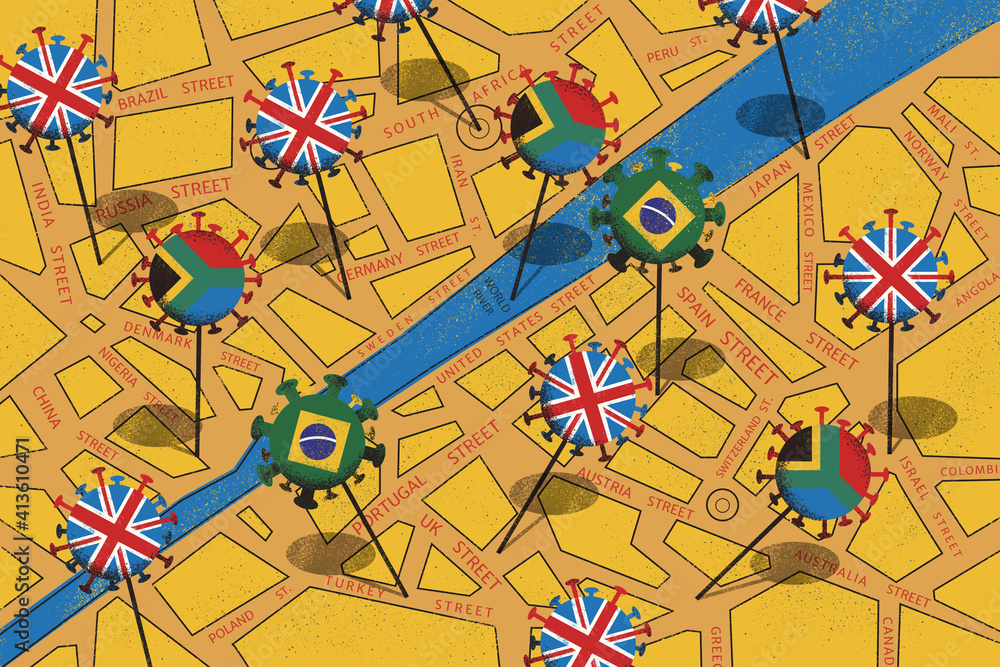 Coronavirus new variants of the virus spread over the countries uncontrollably. Concept illustration.