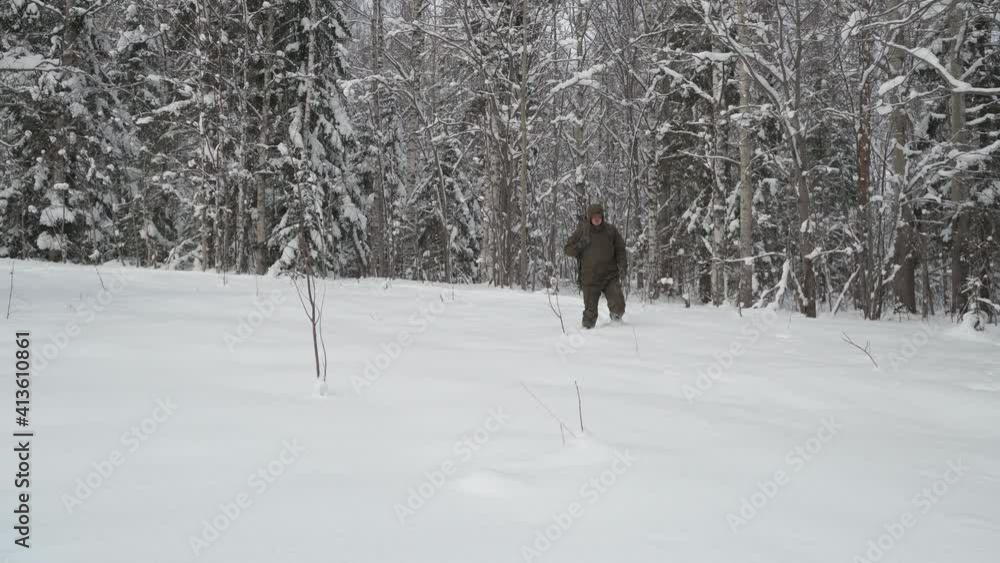 A traveler with a backpack walks through deep snow in the winter forest. A traveler with a backpack walks through deep snow in the winter forest.