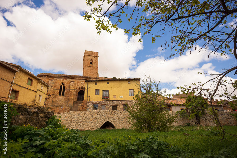 picturesque landscape with the Tower of the Church of San Blas in the village of Anento, considered one of the most beautiful villages of Spain, province of Zaragoza, Aragon, Spain..