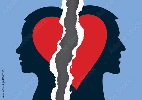 
Divorce couple and torn paper heart.
Ripped paper with man and woman stylized silhouettes symbolizing divorced couple. Vector available.