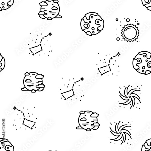 Galaxy System Space Vector Seamless Pattern Thin Line Illustration