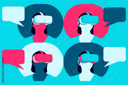 VR users and speech bubbles. Virtual Reality glasses users chatting. VR chat, people chatting and wearing VR glasses. Vector illustration. 
