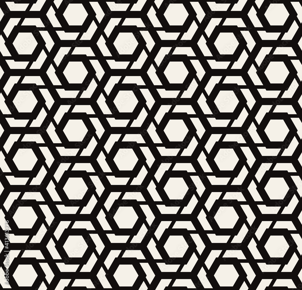 Vector seamless pattern. Modern stylish texture. Repeating linear geometric tiles. Bold monochrome hexagons Trendy graphic design. Can be used as swatch for illustrator. Vector seamless pattern. Modern stylish texture. Repeating linear geometric tiles. Bold monochrome hexagons Trendy graphic design. Can be used as swatch for illustrator.