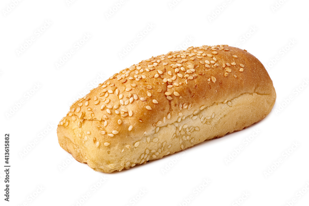 Bun for hot dogs with sesame seeds on white Bun for hot dogs with sesame seeds on white