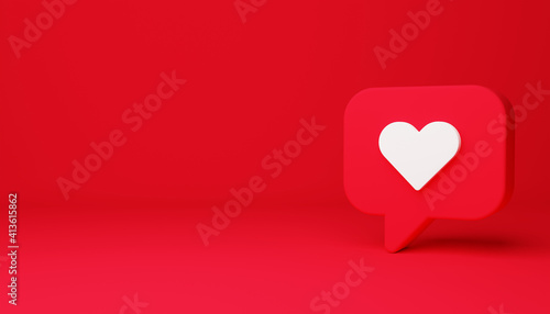 Heart in bubble speech icon isolated on red background. Minimalism concept. 3d illustration