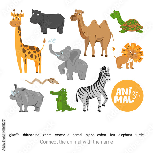Children s educational game. Connect animals with names. Set of african animals