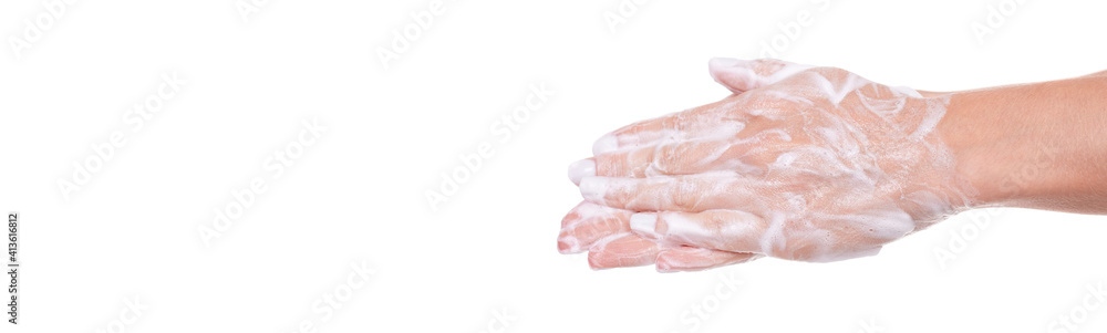 Washing hands with soap, foam on skin, isolated on white background. Washing hands with soap, foam on skin, isolated on white background.