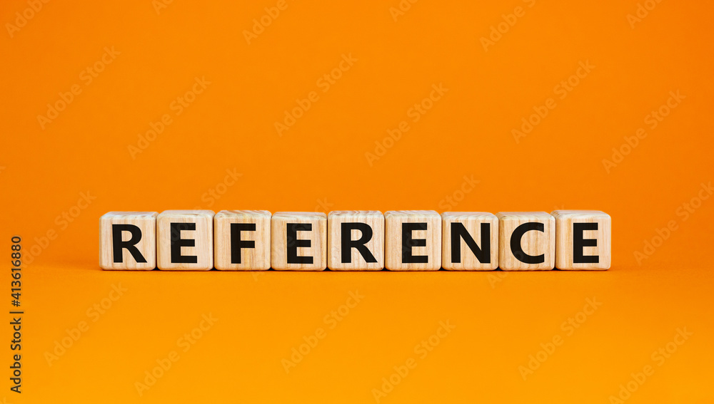 Reference symbol. Wooden cubes with the word 'reference'. Beautiful orange background. Business and reference concept. Copy space. - obrazy, fototapety, plakaty 