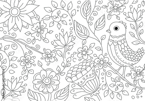 Hand drawing coloring for kids and adults. Beautiful drawings with patterns and small details. Coloring pictures with bird in blooming tree branch, flowers. Vector