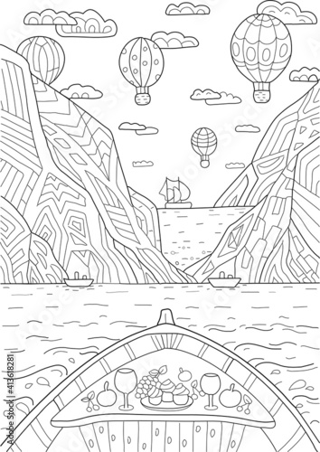 Hand drawing coloring page for kids and adults. Wild nature, sea, mountains, air balloons and boat. Romantic dinner. Beautiful drawing with patterns and small details. Coloring pictures. Vector